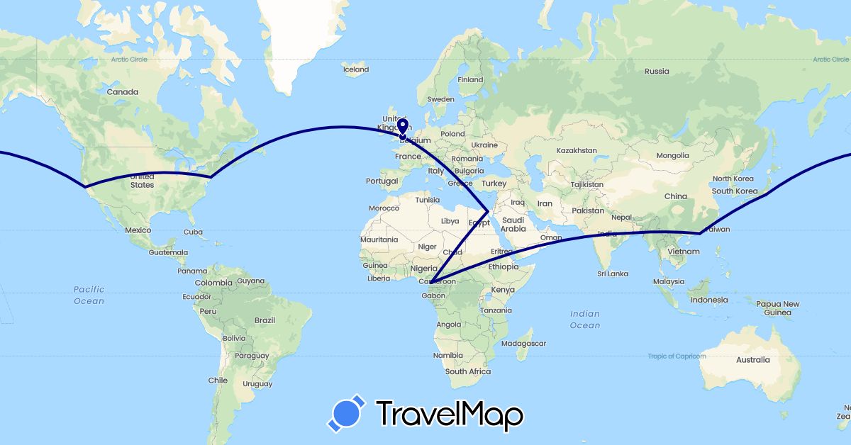 TravelMap itinerary: driving in Cameroon, China, Egypt, United Kingdom, India, Japan, United States (Africa, Asia, Europe, North America)